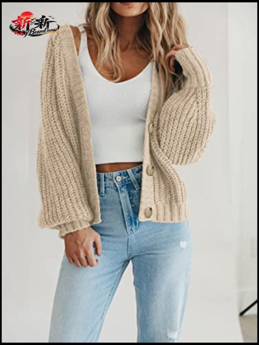 Chunky Knit Open Front Cardigan Sweater Long Sleeve Button Loose Short Coat - Picture 4 of 7